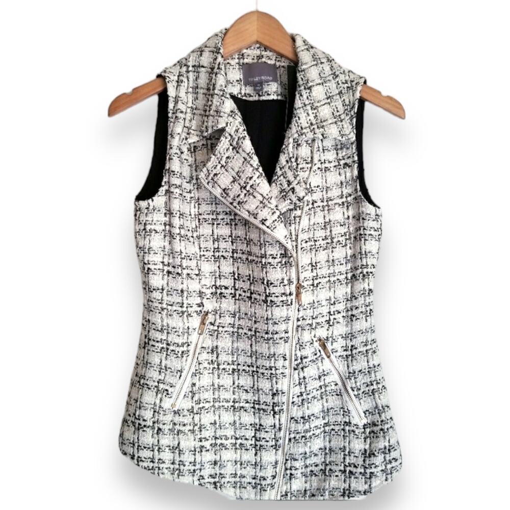 Tinley Road Retro Glam Business Professional Zip Black White Plaid Tweed Vest